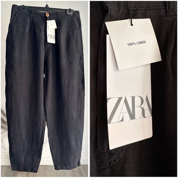 ZARA 100% LINEN DARTED LINEN PANTS BLACK XS S M NWT - Picture 4 of 4